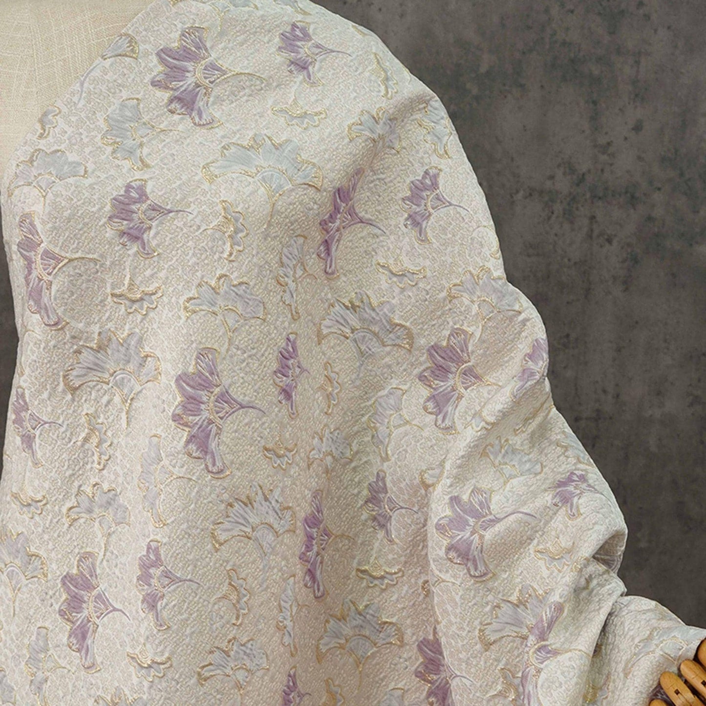 Gold Thread Jacquard Woven Fabric: 3D Lilac Floral Embossed Upholstery, Costume, Sewing - 60"W