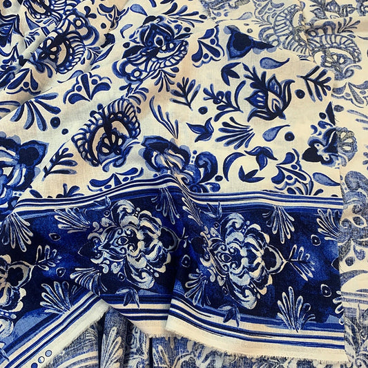 Blue Floral Printed Cotton Fabric: Cheongsam Dress Sewing Material