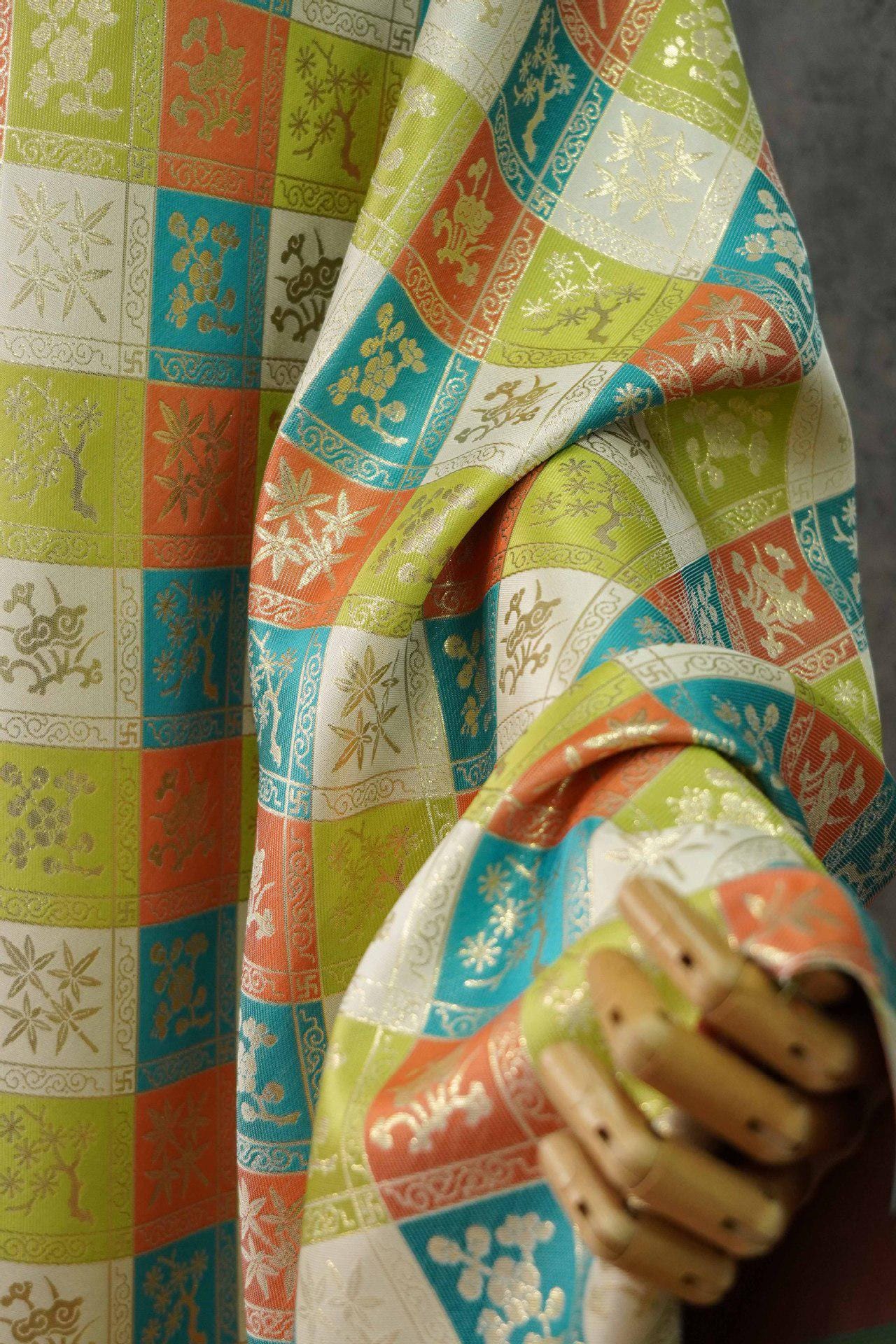 Jacquard Hanfu Fabric: Gold Weaving Ethnic Paddy Field Pattern, 59"W