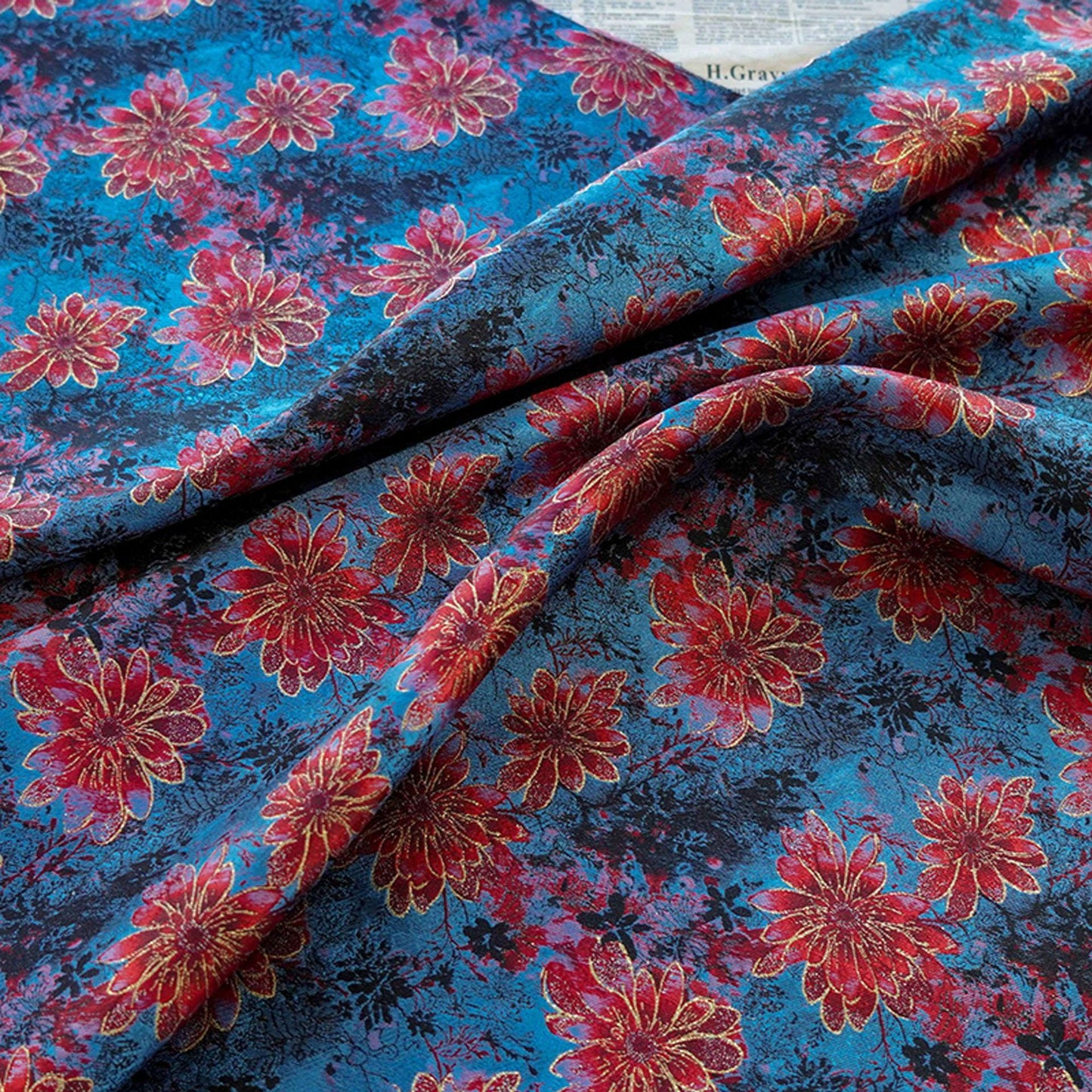 Gold Thread Floral Jacquard Fabric: Blue & Red Costume Dress Material