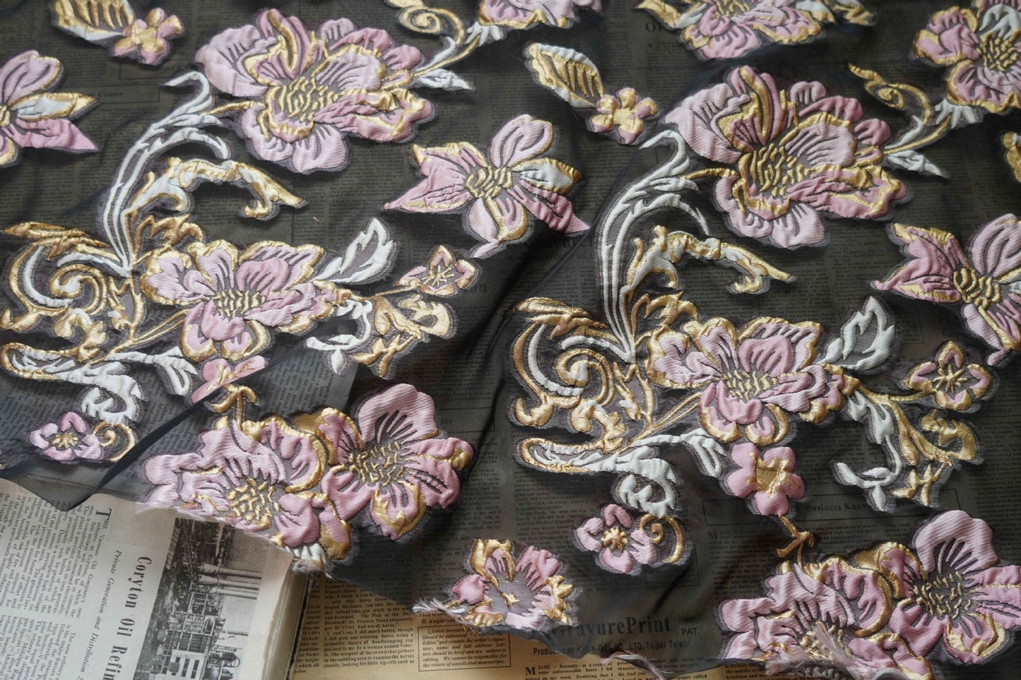 Gold Thread Floral Jacquard Fabric: 3D Oil Painting Texture, 55" Wide