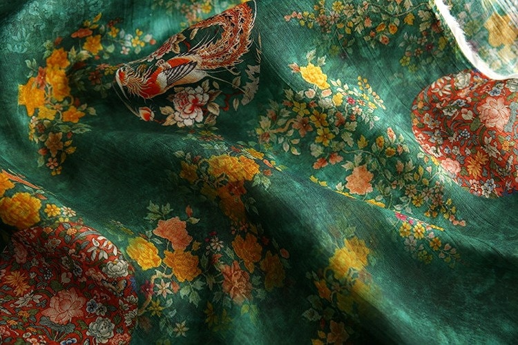 Jade Green Ramie Fabric: Floral Bird Print, 57" Wide