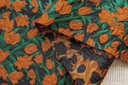 Orange Floral Jacquard Fabric: Gold Foil Upholstery & Sewing (56"W, 1 Meter)