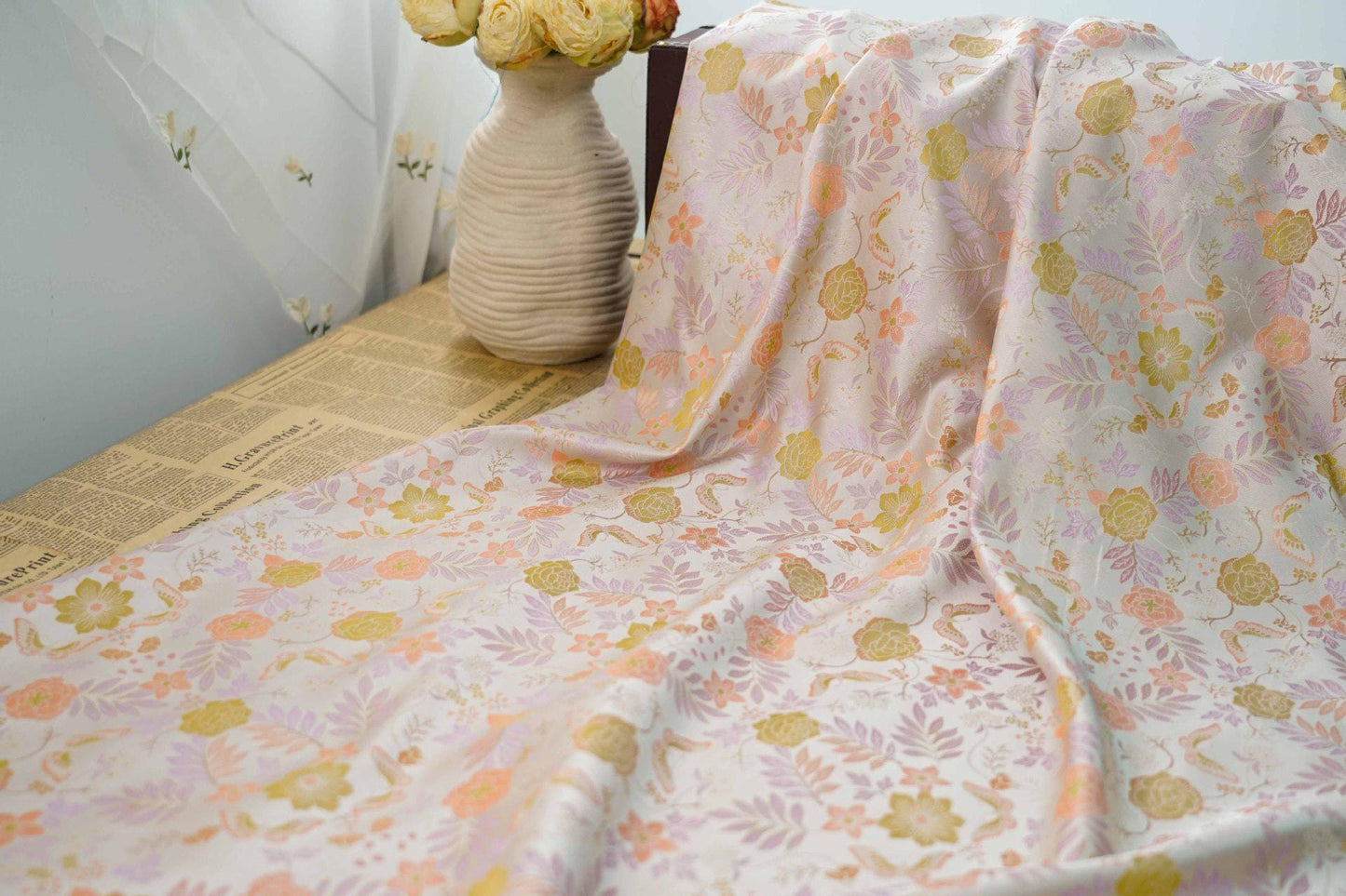 Floral Jacquard Fabric: Gold Thread Upholstery, 59" Wide