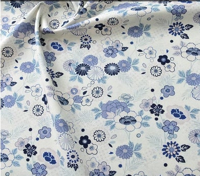 Japanese Blue Cotton Fabric: Floral Print Sewing Material