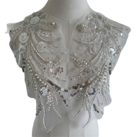 Embroidered Lace Trim: Beaded Sequin Applique - Bridal Wedding Dress (By Pair)