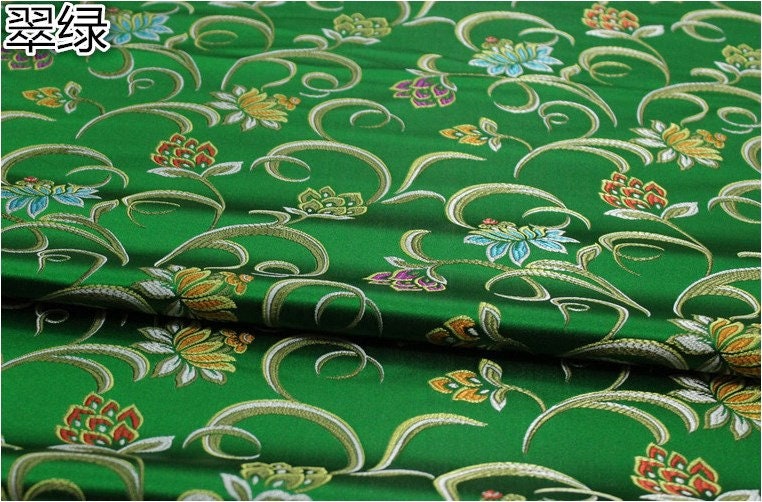 Lotus Jacquard Silk Brocade Fabric: Red, Green, Hot Pink - 29.5" Width