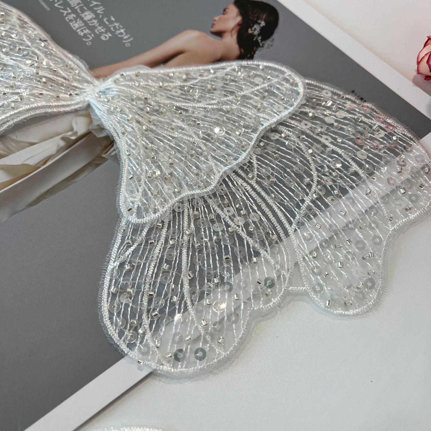 Butterfly Embroidered Lace Trim: Light Ivory Sequins, Bridal Wedding Veil (By Pair)