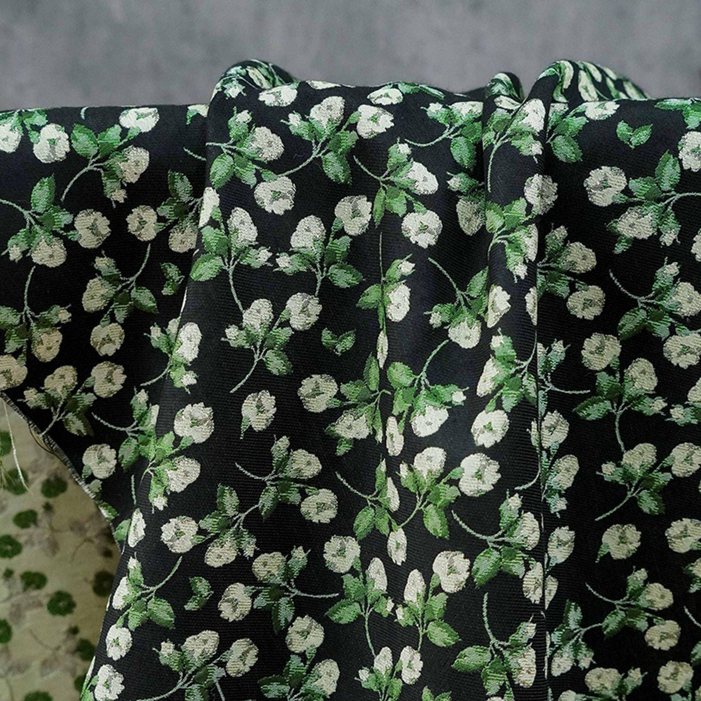 Black Background Small Floral Jacquard Fabric ��� Ideal for Home D��cor, Curtains, Quilting, Dressmaking, Upho"Wide