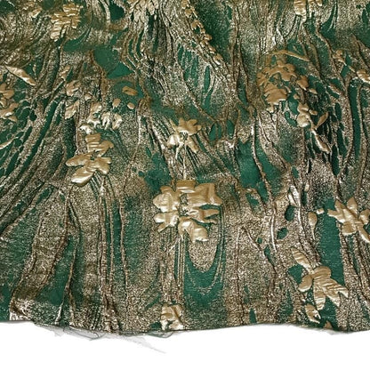 Green Jacquard Fabric with Gold Thread: Deer & Floral Design, 55" Wide