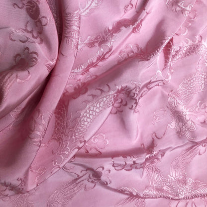 Tissu satin damassé jacquard à motif dragon et phénix rose - 150 cm de large