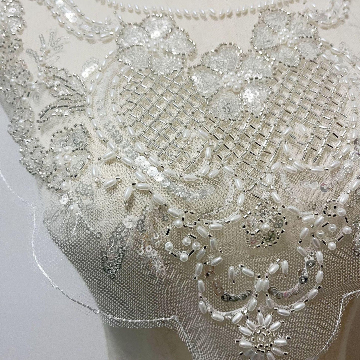 Embroidered Lace Trim: Light Ivory Bridal Wedding Veil with Sequins - 12" Wide, By The Yard