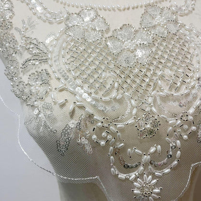 Embroidered Lace Trim: Light Ivory Bridal Wedding Veil with Sequins - 12" Wide, By The Yard