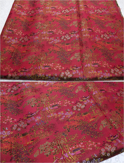 Brocart chinois rouge et or : motif de peintures anciennes, 140 cm de large