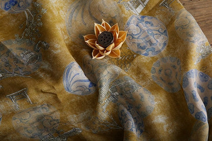 Ancient Building Print Ramie Fabric: Natural Fiber Sewing Material