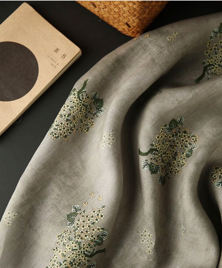 Floral Ramie Fabric: Birds and Flowers Print, 55" Wide - By The Meter