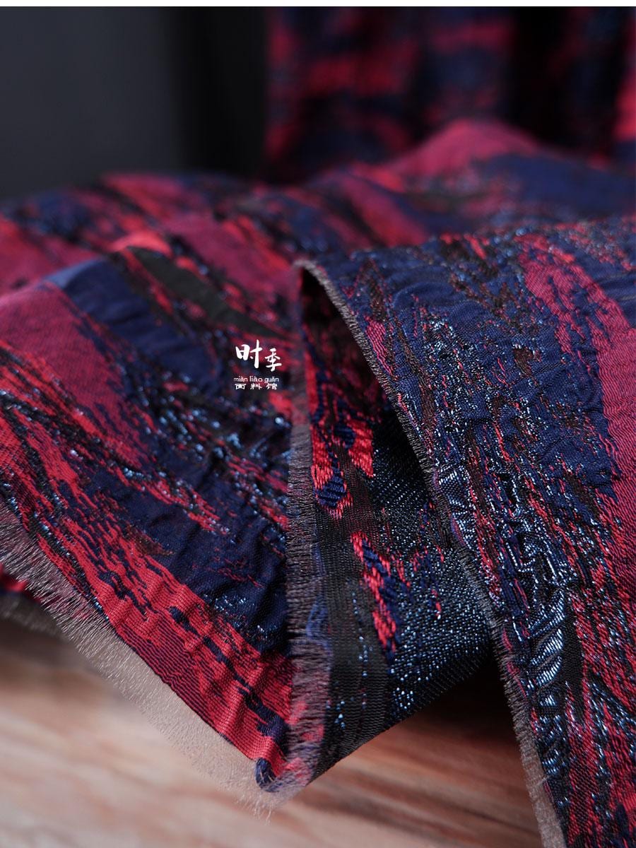 Gold Thread Jacquard Fabric: Red & Blue 3D Designer Fabric, 55"W