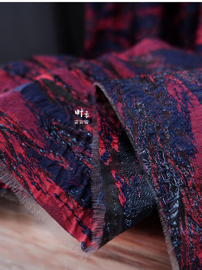 Gold Thread Jacquard Fabric: Red & Blue 3D Designer Fabric, 55"W