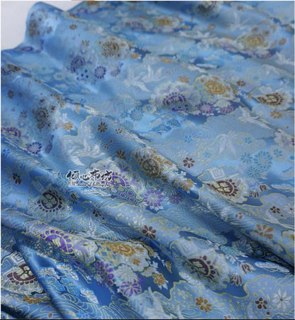 Nishijin Crane Kinran Fabric: Black Jacquard Silk Brocade Damask