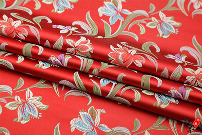 Japanese Daffodil Jacquard Brocade Fabric: Maroon Silk Rayon Blend, 29.5" Wide