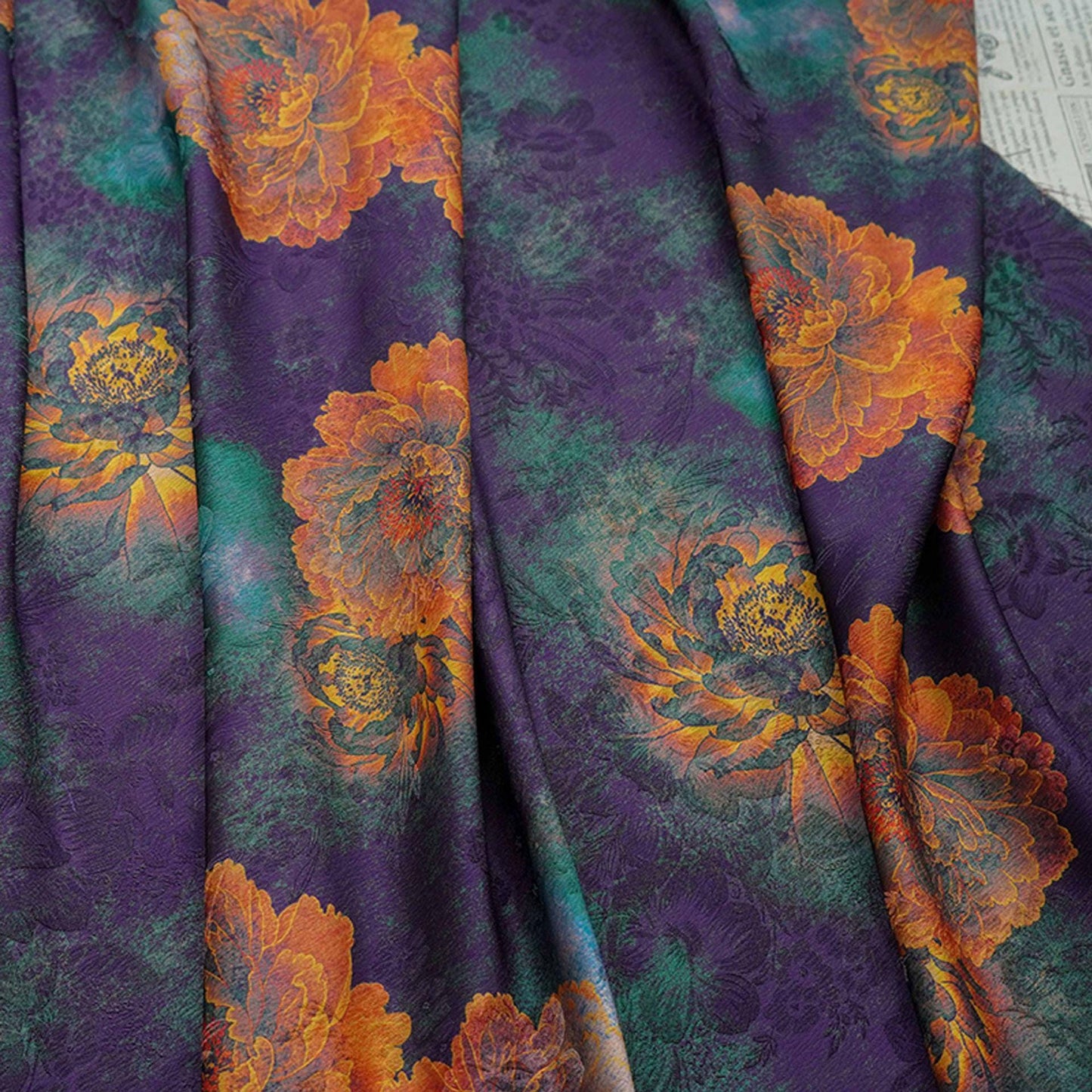 Floral Tea Silk Satin Fabric: Dark Green Upholstery, Costume, Drapery (59"W)