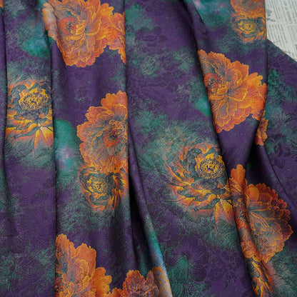 Floral Tea Silk Satin Fabric: Dark Green Upholstery, Costume, Drapery (59"W)