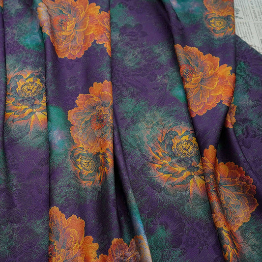 Floral Tea Silk Satin Fabric: Dark Green Upholstery, Costume, Drapery (59"W)