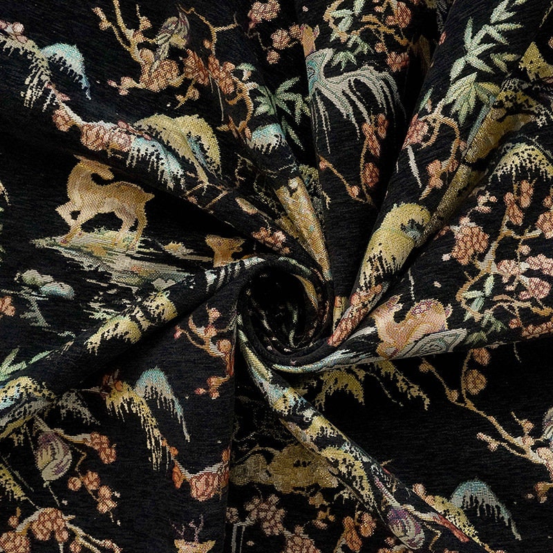 Tissu jacquard rétro motif cerf : texture 3D pour ameublement, costumes et décoration - 142 cm de large