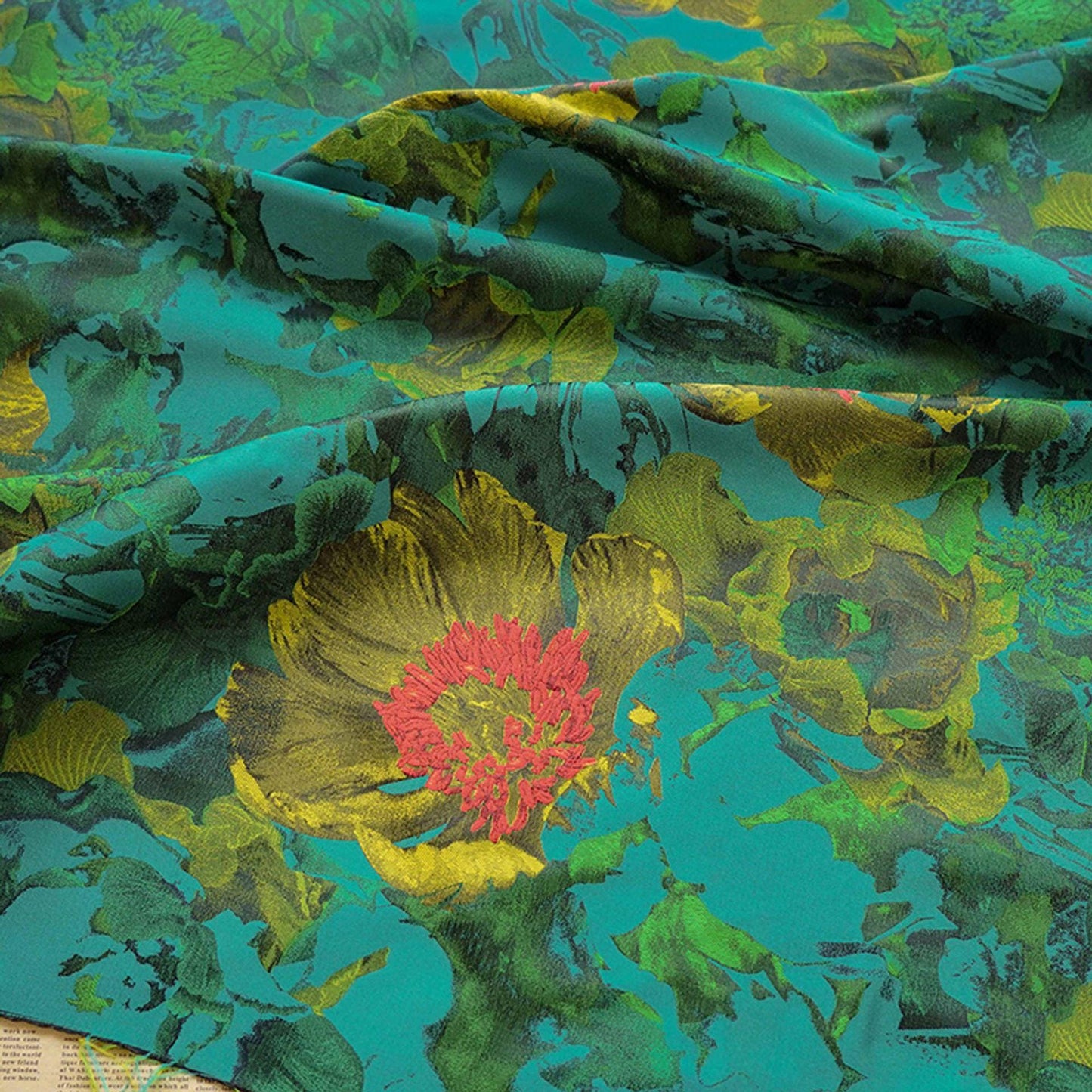 Green Floral Jacquard Fabric: 64"W Polyester Upholstery & Drapery