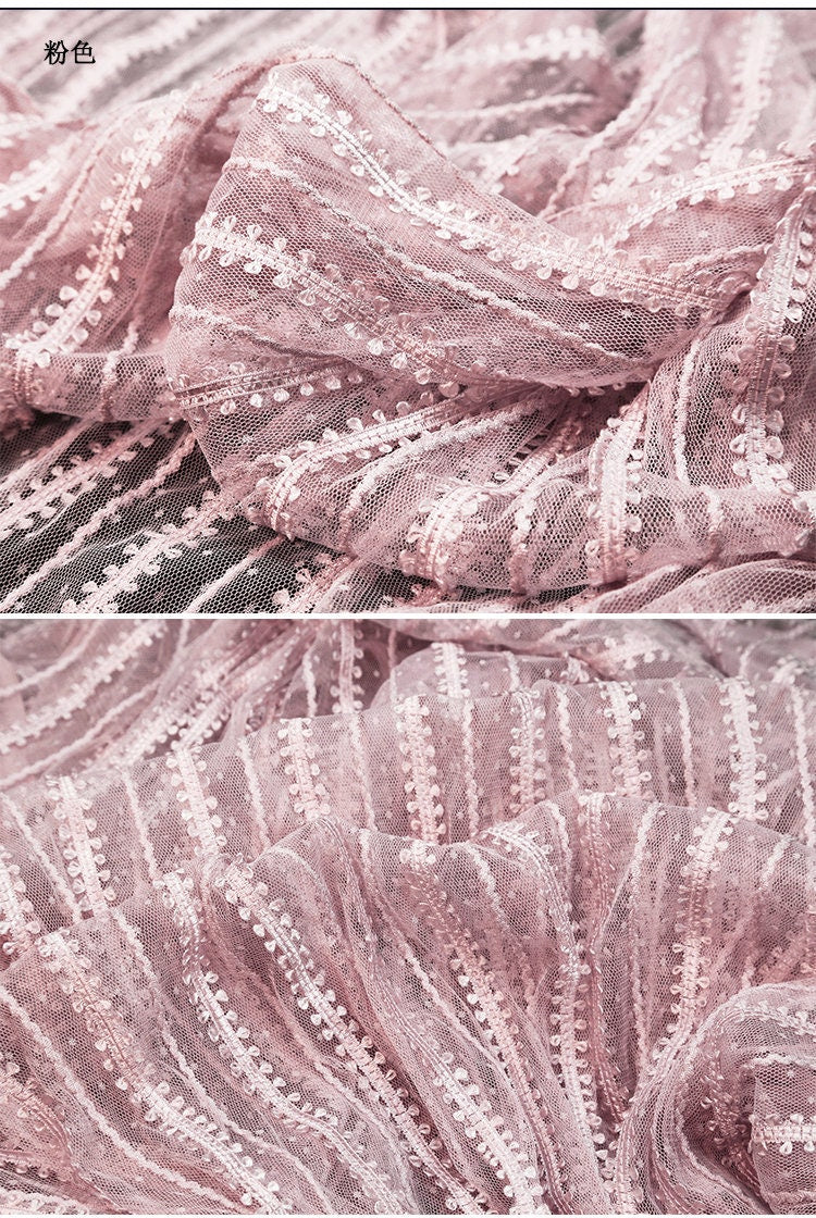Striped Mesh Lace Fabric, Embroidered Polyester, Costume, Wedding Decor, 65"Wide