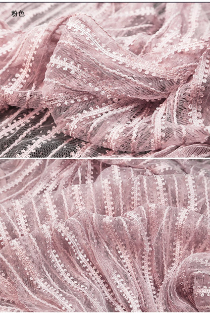 Striped Mesh Lace Fabric, Embroidered Polyester, Costume, Wedding Decor, 65"Wide