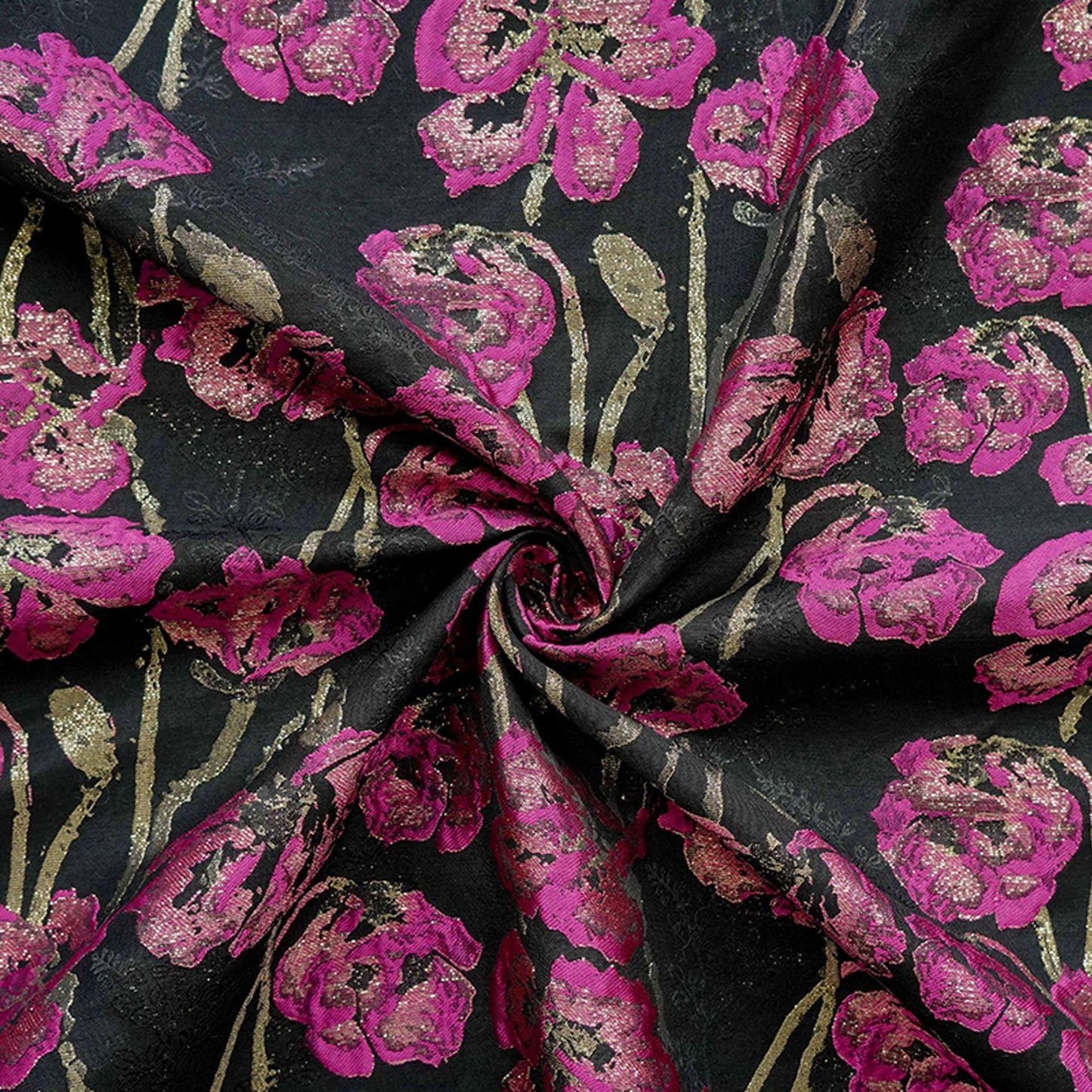 Black Jacquard Brocade Fabric | Pink Floral Gold Thread, 65"W
