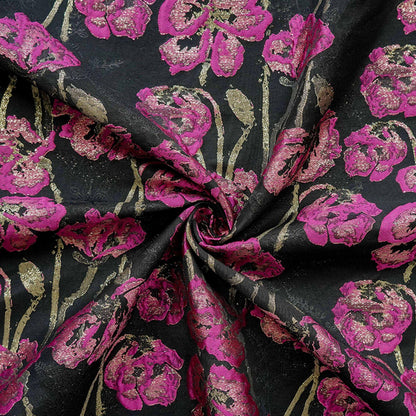 Black Jacquard Brocade Fabric | Pink Floral Gold Thread, 65"W