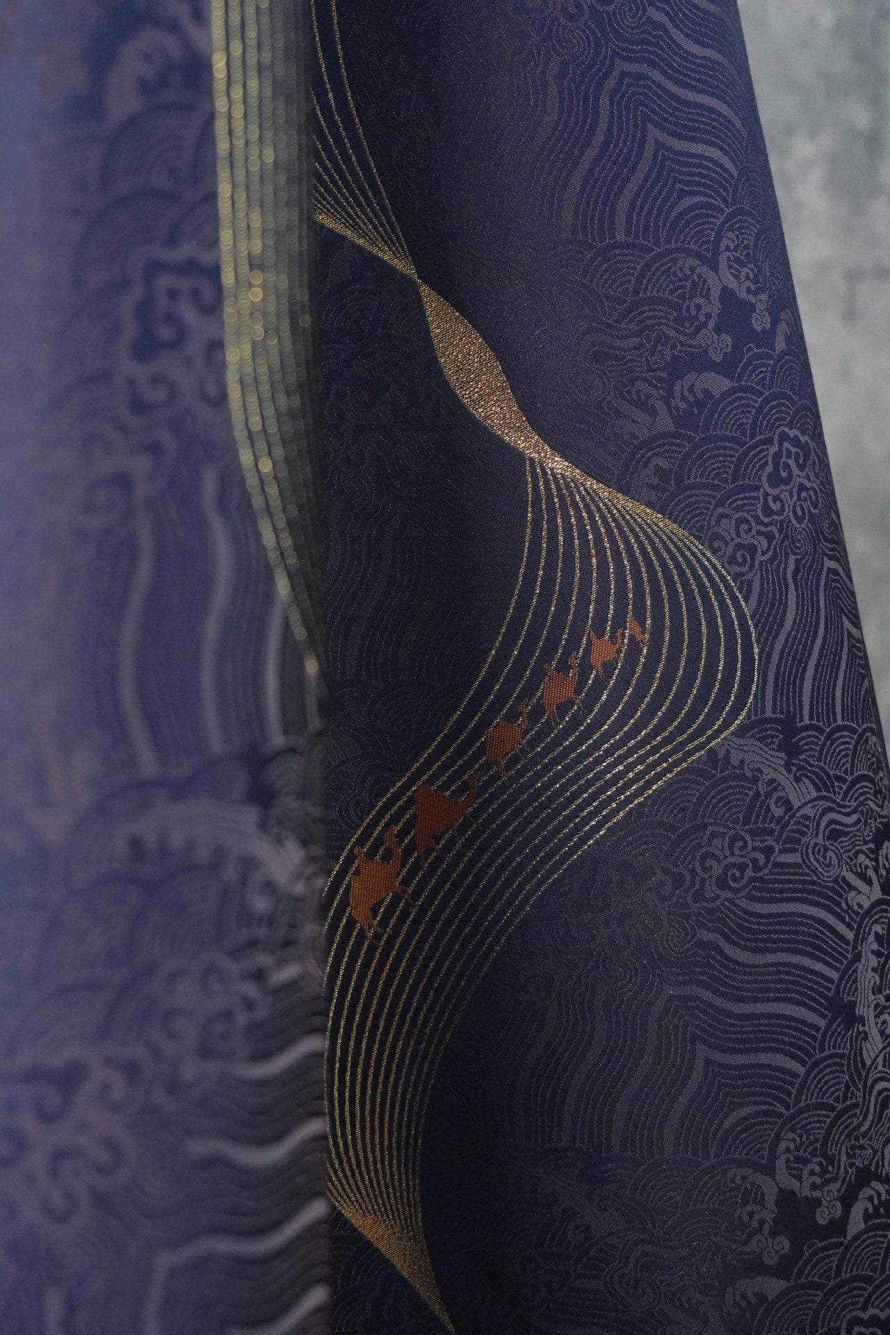 Dark Purple Jacquard Fabric: Golden Wave Pattern, Luxury Upholstery - 65"W