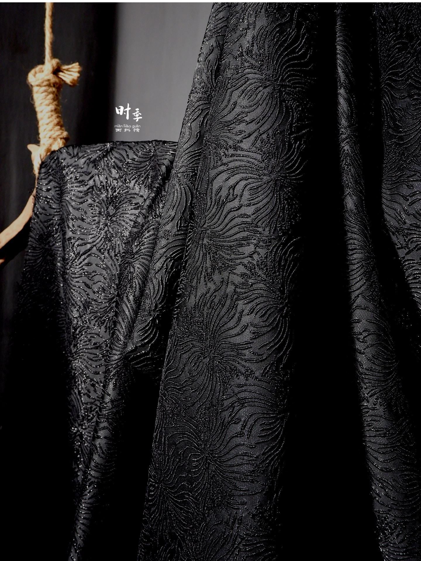 Black Spider Lily Jacquard Fabric | Embossed 3D Floral Brocade, 52" Wide