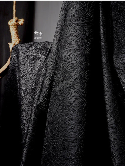 Black Spider Lily Jacquard Fabric | Embossed 3D Floral Brocade, 52" Wide
