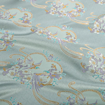 Tissu de kimono Nishijin bleu aqua : brocart floral à fils d'or (59"L)