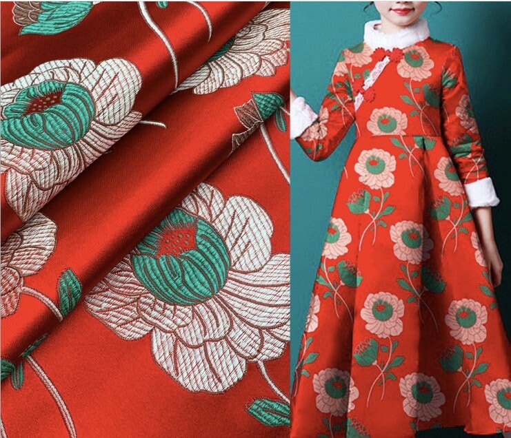 Lotus Brocade Fabric: Red Silk Blend Tibetan Textile (29"W)