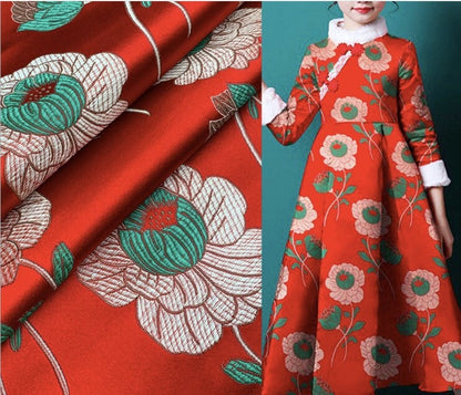 Lotus Brocade Fabric: Red Silk Blend Tibetan Textile (29"W)