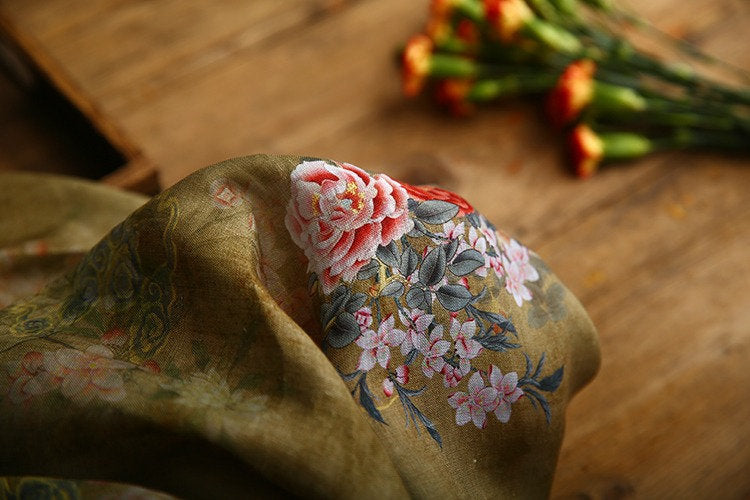 Peony Flower Print Ramie Fabric: Natural Fiber Sewing Material