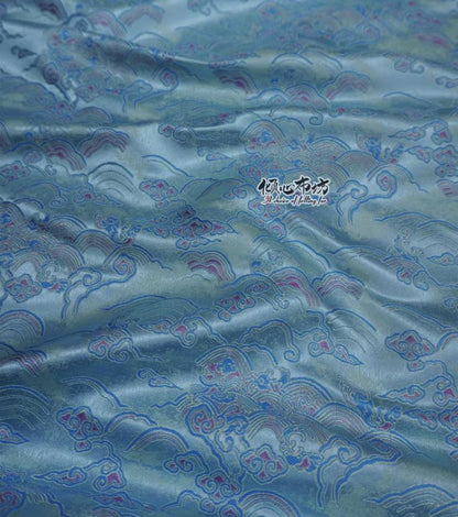 Aqua Blue Brocade Fabric: Sea of Clouds & Waves, 29.5"W