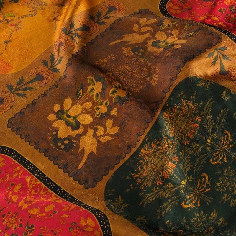 Ancient Dunhuang Tea Silk Satin Fabric: Digital Print, 59"W