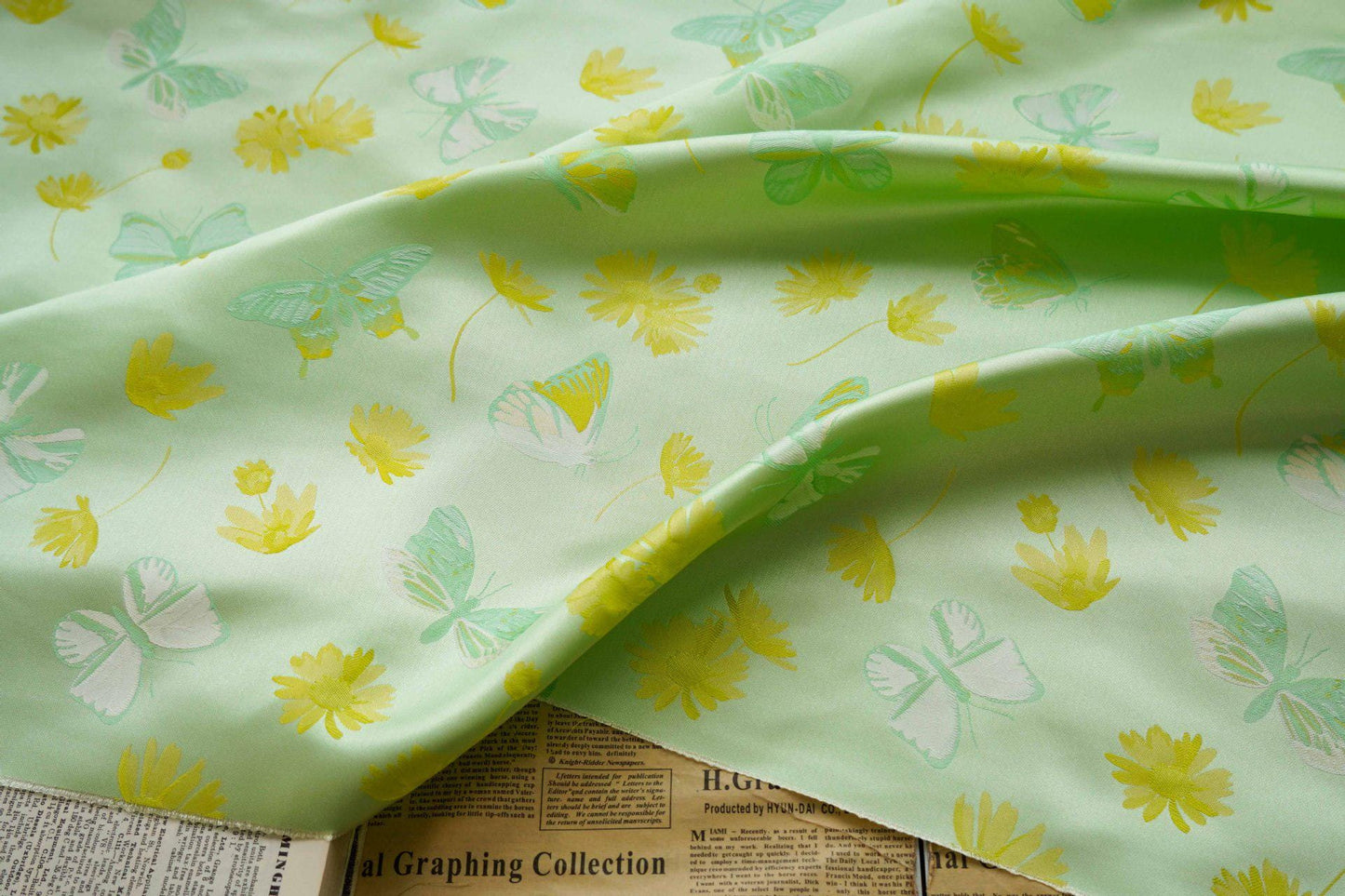 Butterfly Nishijin Fabric: Grass Green Upholstery, Costume, & DIY - 59"W