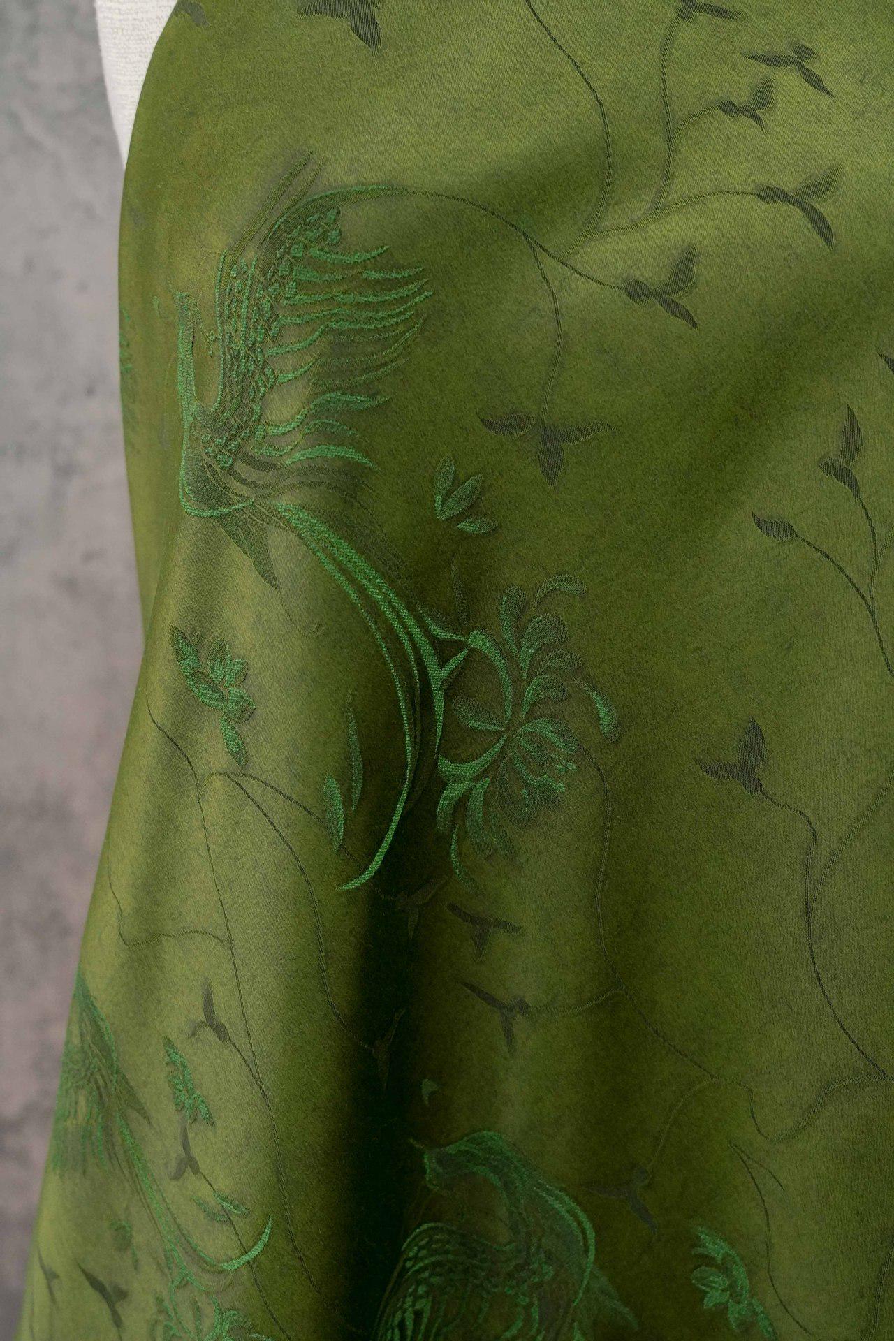 Dark Green Jacquard Fabric with Subtle Phoenix Pattern for Qipao Dressmaking, 54"Wide