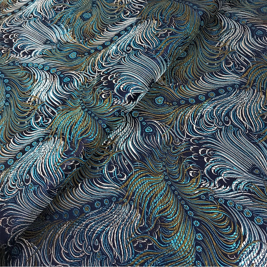 Peacock Feather Brocade Fabric: Floral Chinese Silk Rayon Blend