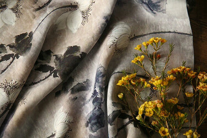 Floral Ramie Fabric: Gray Ancient Ink Painting, 57" Wide