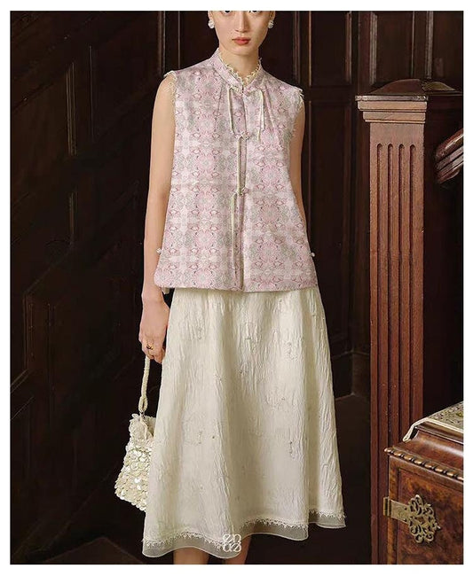 Tissu brocart rose à motif de lion (150 cm) : Fleur zen, style tibétain impérial