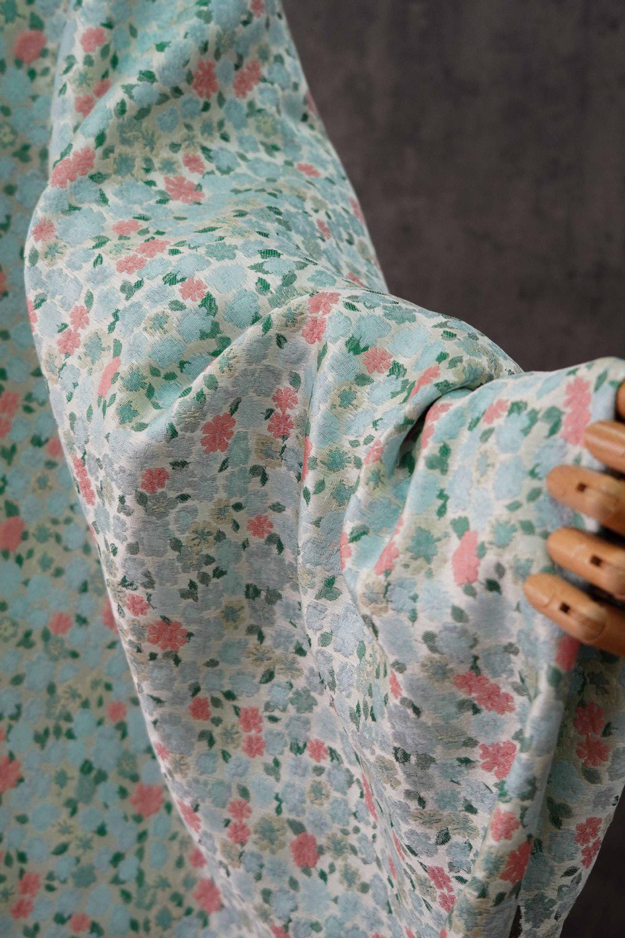 Blue & Pink Floral Jacquard Fabric - 63"W Chinese Style