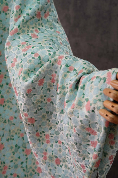 Blue & Pink Floral Jacquard Fabric - 63"W Chinese Style