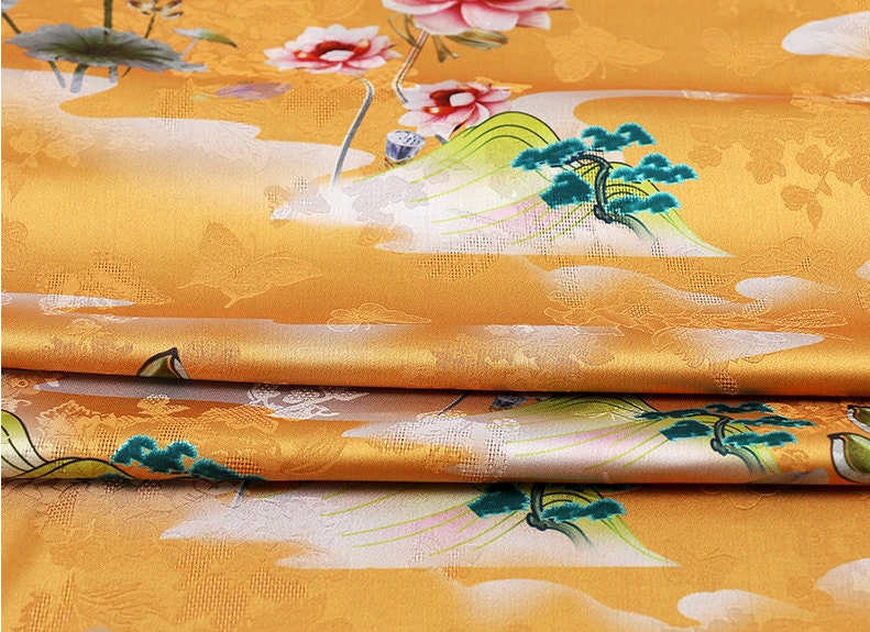 Floral Tea Silk Satin Fabric - 59"W Digital Print